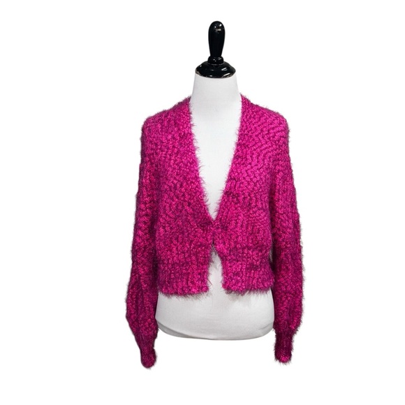 Urban Outfitters Women's S Small Knit Cardigan Cropped Boucle Eyelash Yarn Pink - Picture 1 of 8